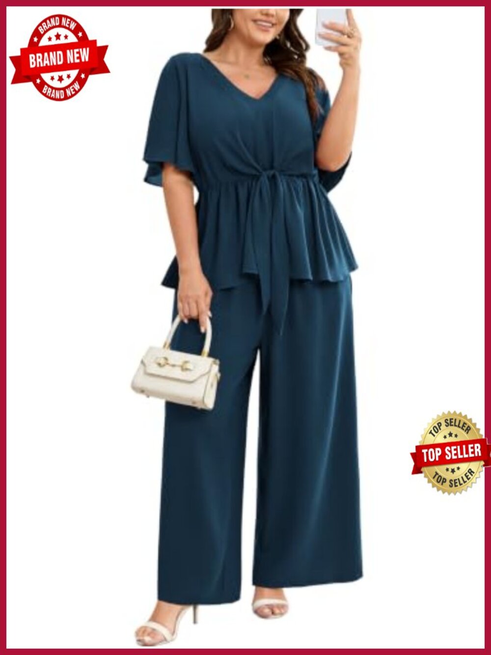 Plus Size 2 Piece Outfit Peplum Top Wide Leg Pants Sets Dressy Work Pant Suits